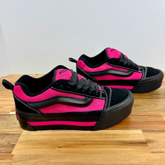 VANS Knu Skate Platform Stacked Skateboarding Sneakers Black/Hot-Pink/Satin Lace - Picture 6 of 8